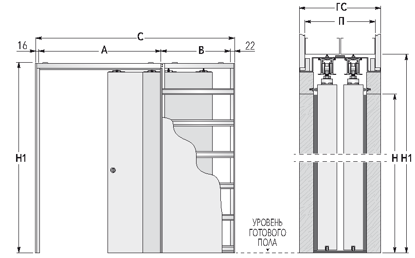 Система пенал для одностворчатой раздвижной двери SSC-040-60